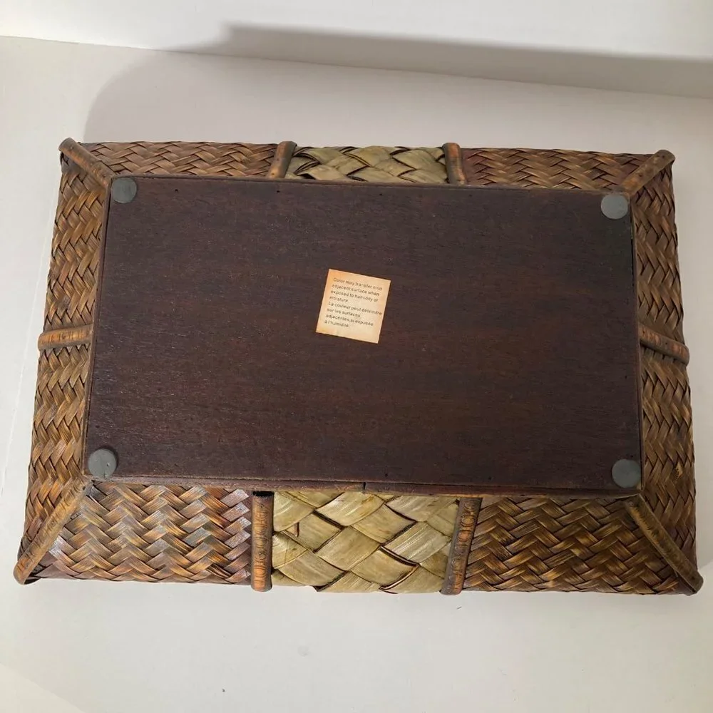 Vintage Rectangular Lattice Grass Bamboo 2 Toned‎ Stained Basket 11x 16 x 4
